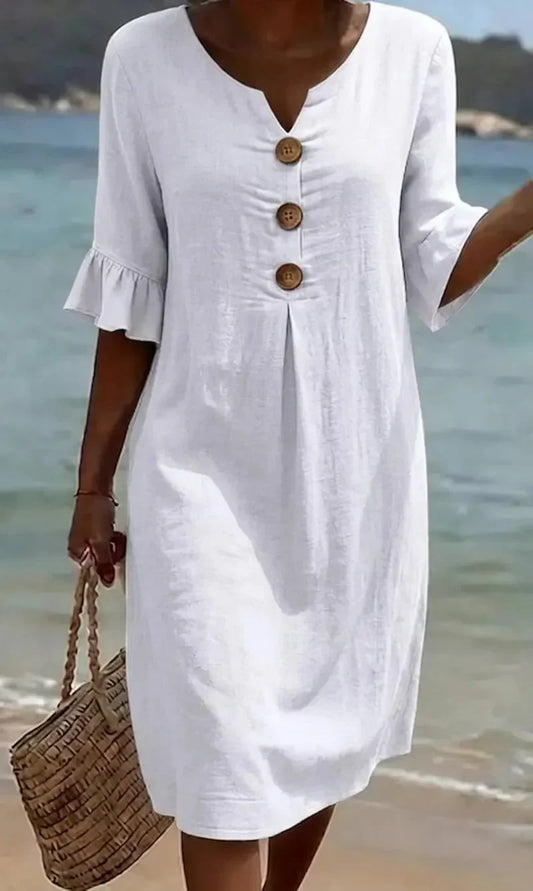 Vanesa – Robe fluide avec manches volantées et boutons