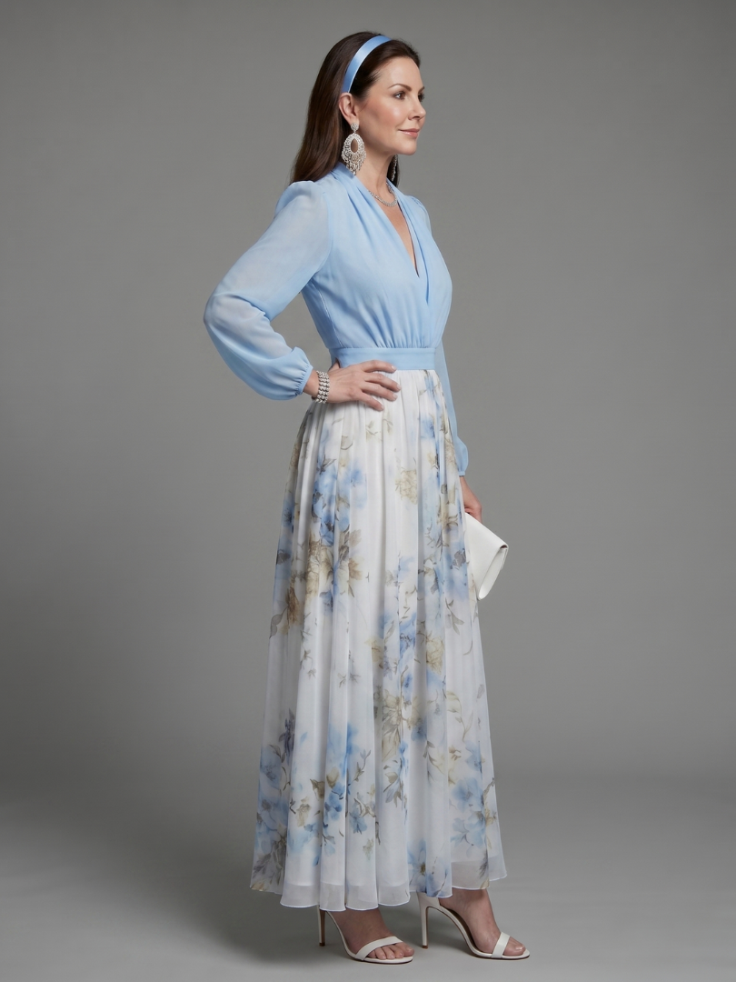 Clara | Robe longue fleurie à col V et corsage transparent