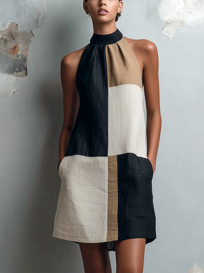 Sabrina | Robe courte à col halter avec motifs en blocs de couleur