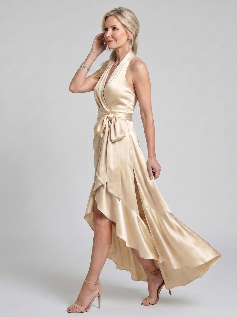 Amélie | Robe midi portefeuille à col halter et ourlet asymétrique