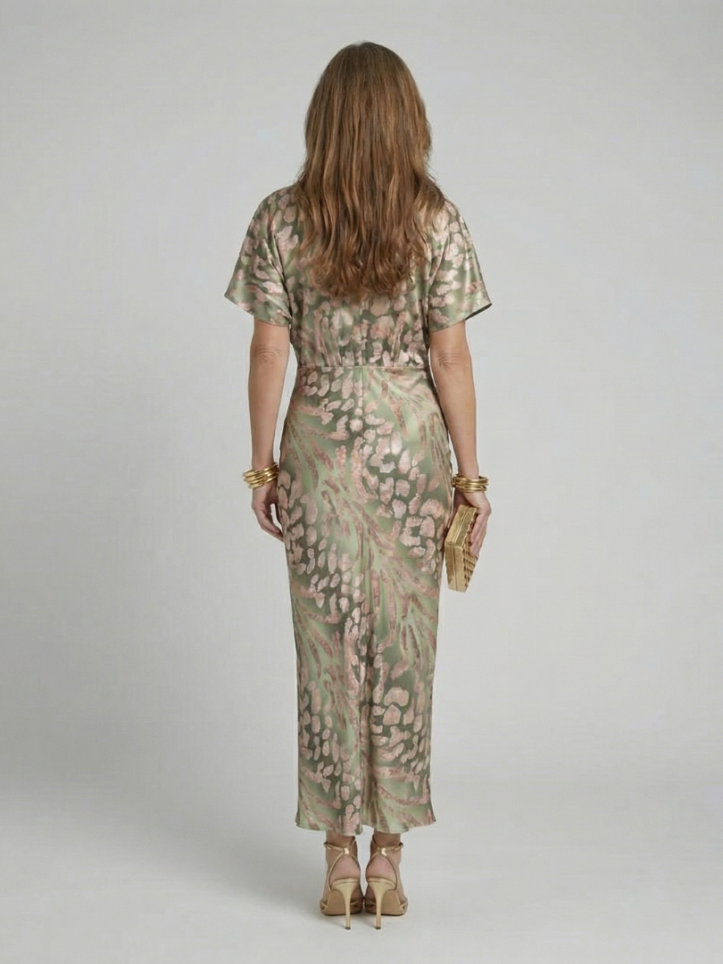 Élodie | Robe midi imprimé abstrait à col V et taille torsadée