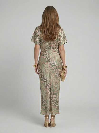 Élodie | Robe midi imprimé abstrait à col V et taille torsadée