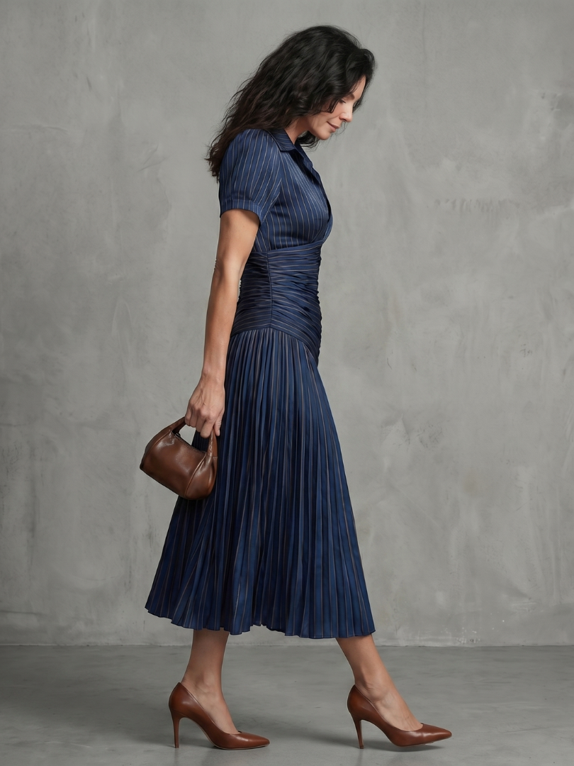 Léa | Robe midi rayée à taille plissée