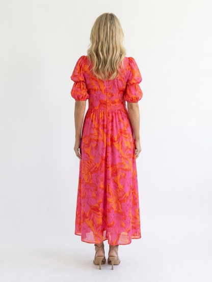 Jade | Robe midi fleurie à col V et manches bouffantes