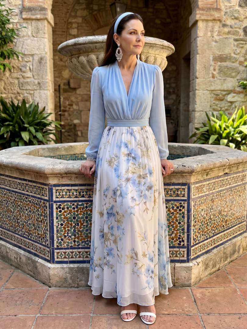 Clara | Robe longue fleurie à col V et corsage transparent