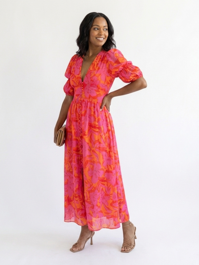 Jade | Robe midi fleurie à col V et manches bouffantes