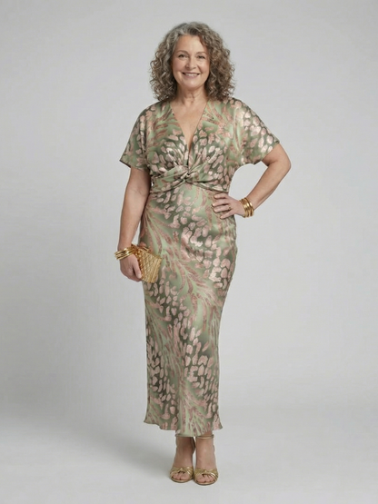 Élodie | Robe midi imprimé abstrait à col V et taille torsadée