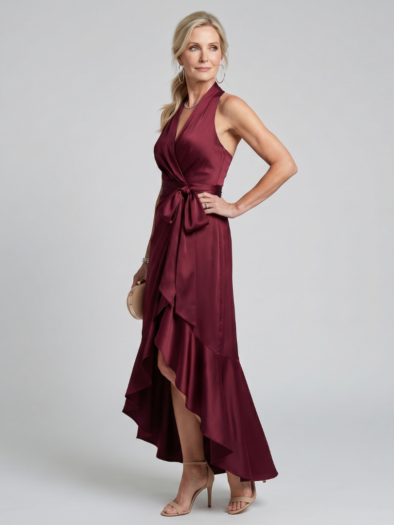 Amélie | Robe midi portefeuille à col halter et ourlet asymétrique
