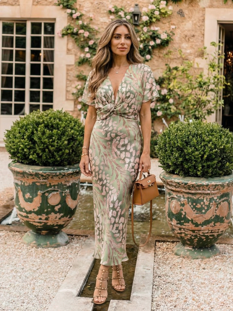 Élodie | Robe midi imprimé abstrait à col V et taille torsadée