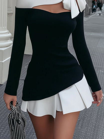 Faustine | Robe Mini Blanche et Noire à Bretelle et Nœud Cousu