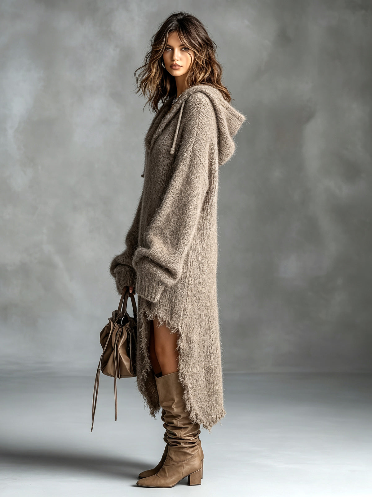Robe midi en tricot doux avec capuche