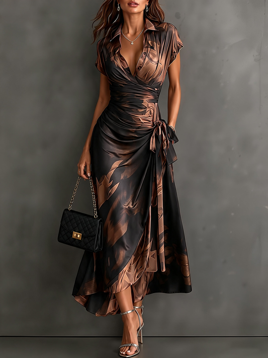 Robe midi croisée à motif abstrait marron et noir