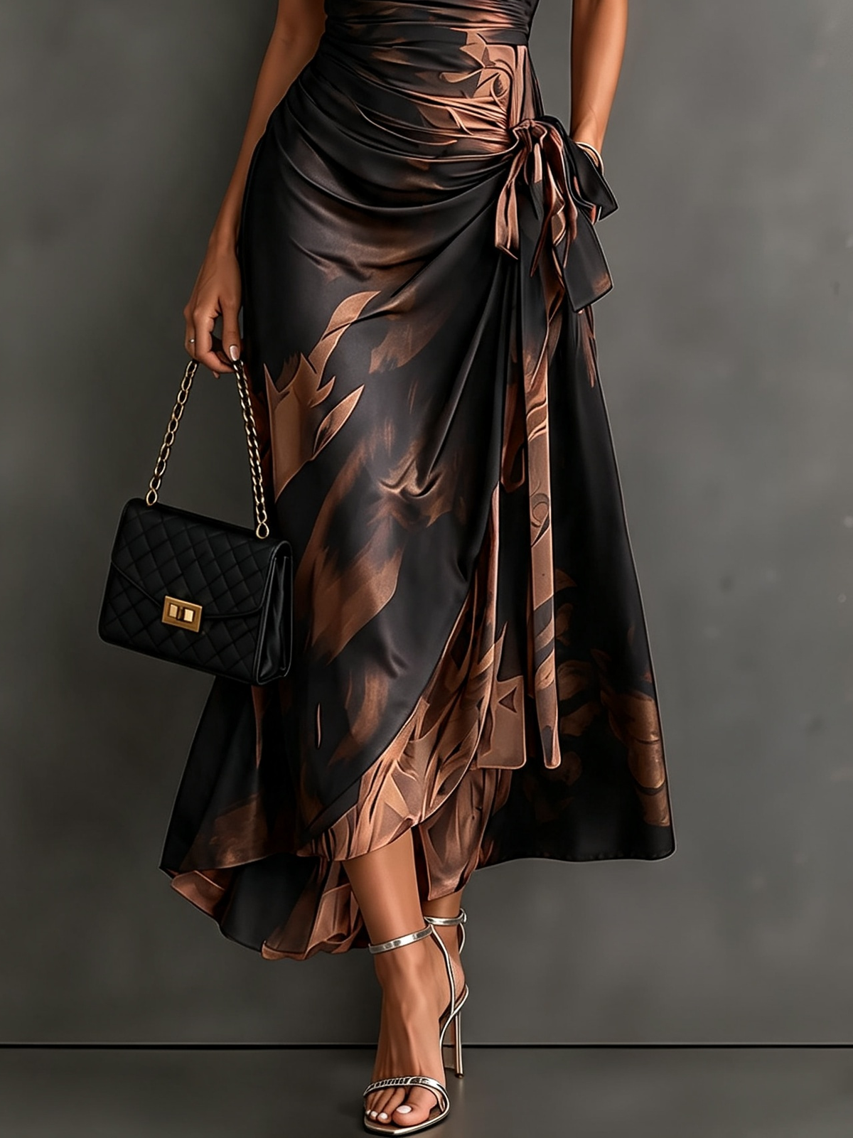 Robe midi croisée à motif abstrait marron et noir