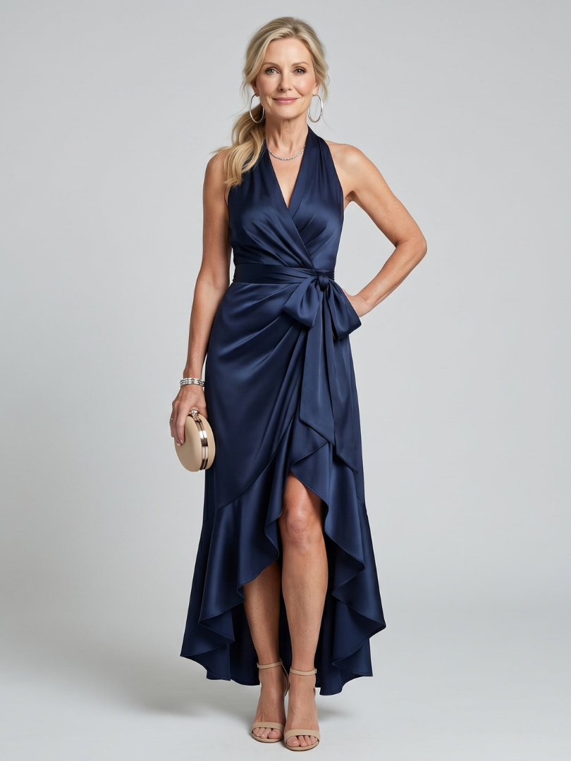 Amélie | Robe midi portefeuille à col halter et ourlet asymétrique