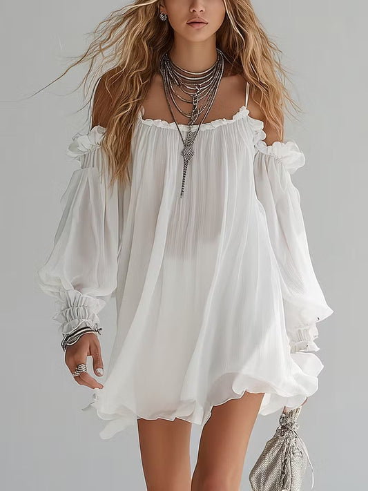 Mélusine | Robe Mini Fluide Style Bohème à Épaules Dénudées