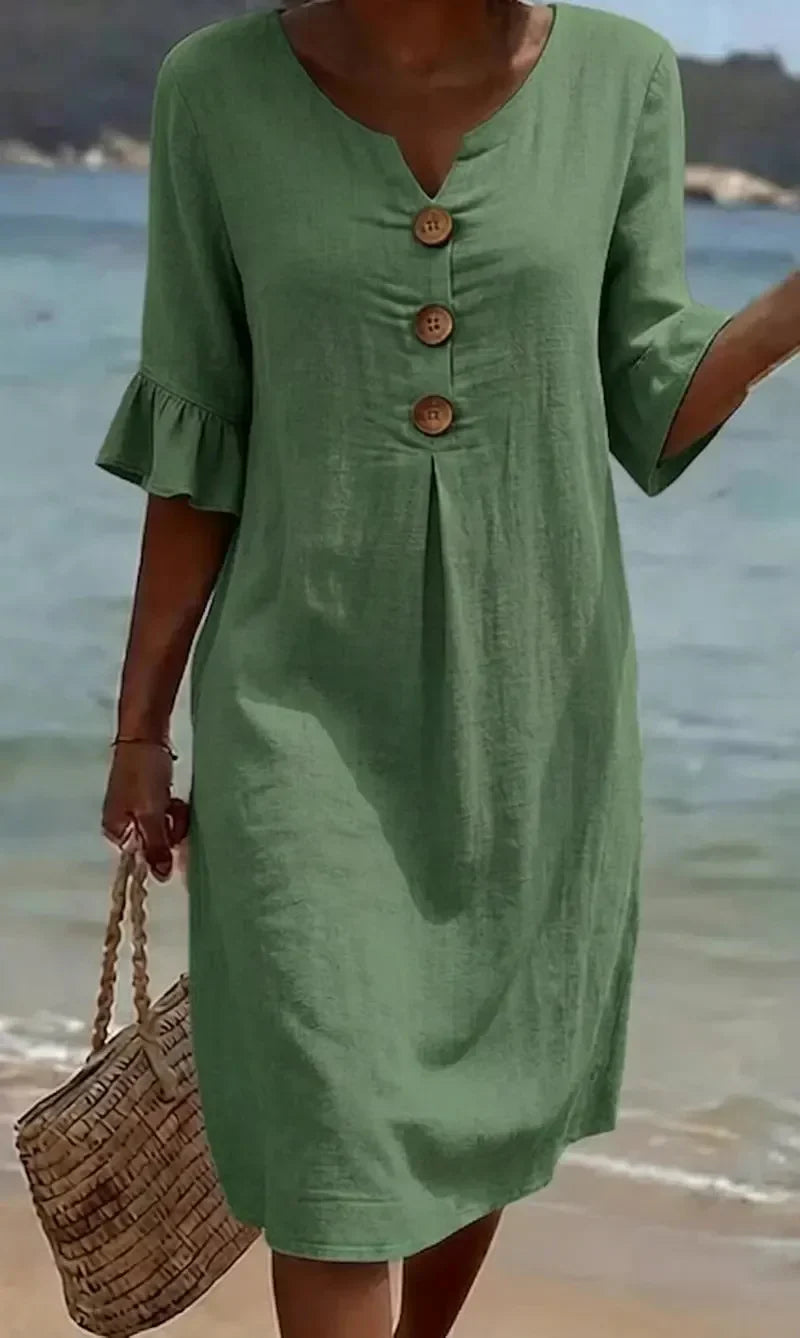 Vanesa – Robe fluide avec manches volantées et boutons