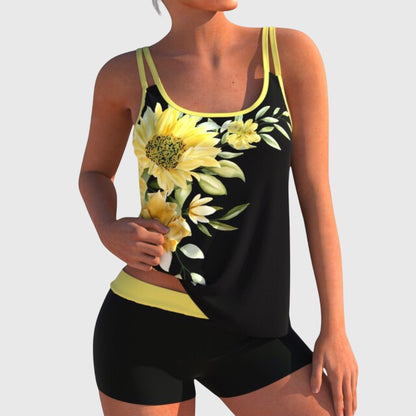 Flor – Tankini fleuri avec short, effet ventre plat