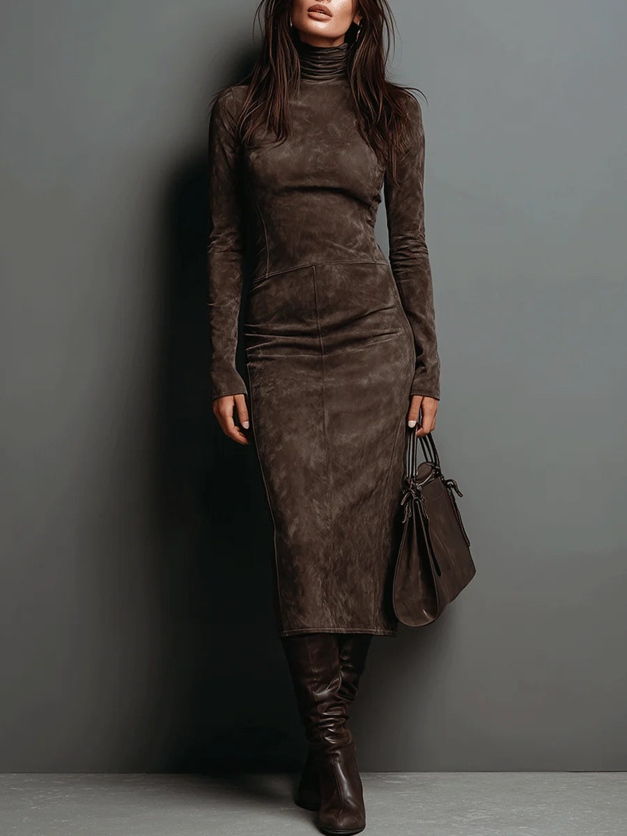 Lorène | Robe midi en suède marron