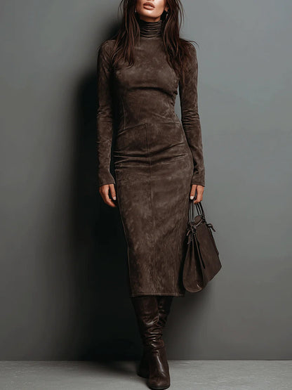 Lorène | Robe midi en suède marron