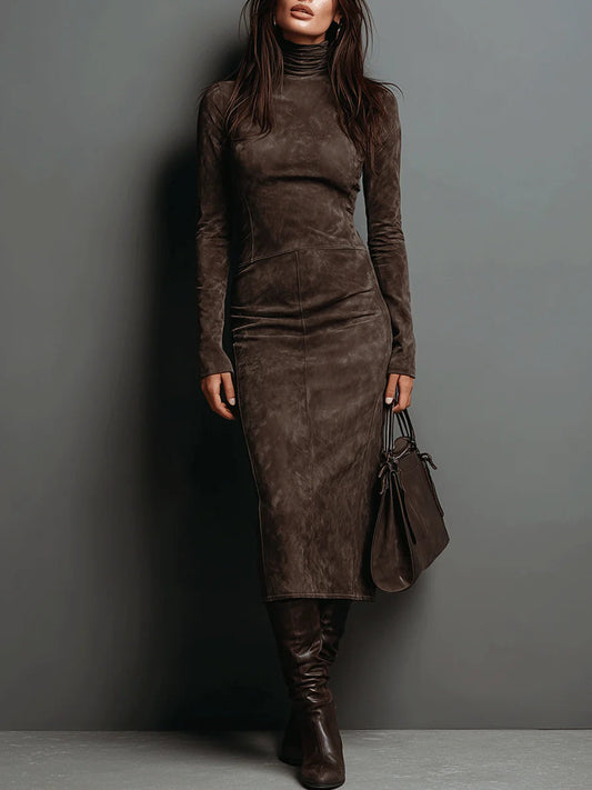 Lorène | Robe midi en suède marron