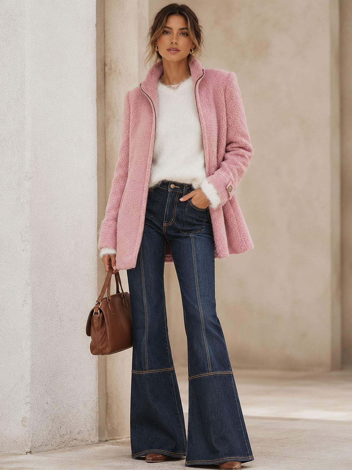 Veste vintage en polaire rose avec zip