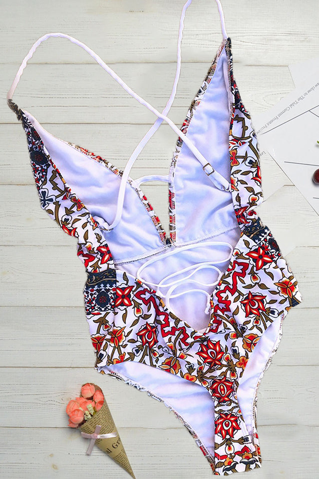 Maillot de Bain avec Imprimé Boho et Décolleté en V