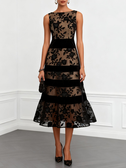 Robe Midi Noire en Mesh Floral Sans Manches Ligne A