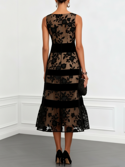 Robe Midi Noire en Mesh Floral Sans Manches Ligne A