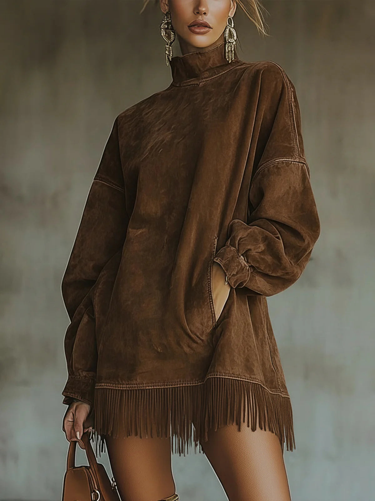 Gabrielle | Robe en suédine à col montant et détails frangés