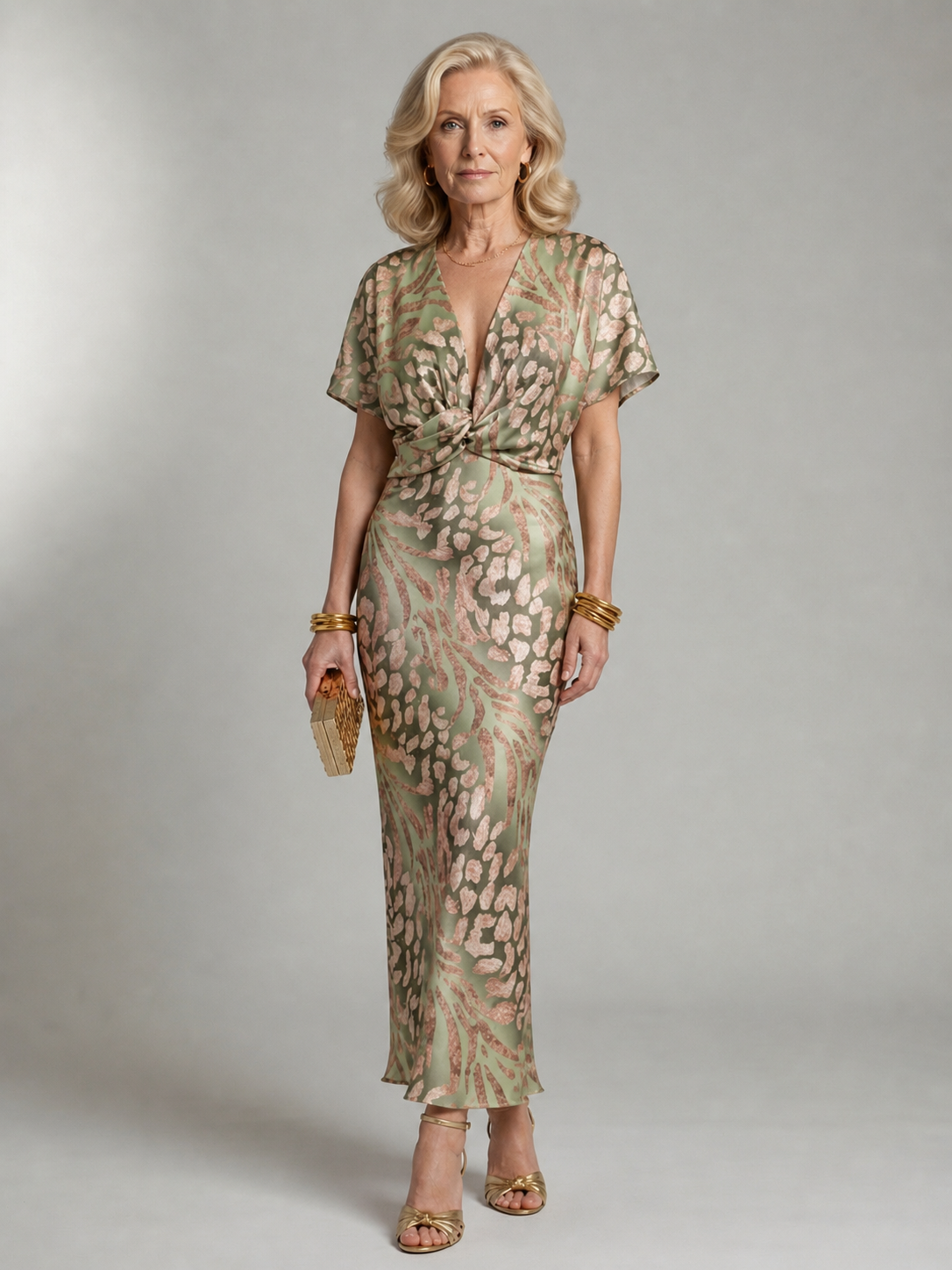 Élodie | Robe midi imprimé abstrait à col V et taille torsadée