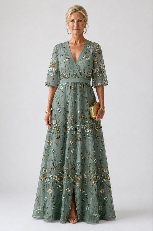 Camille | Robe longue fleurie à col V et manches courtes