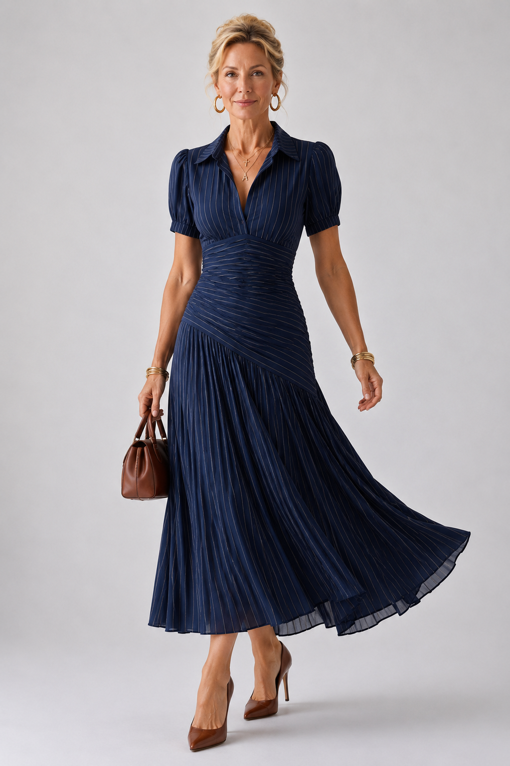 Léa | Robe midi rayée à taille plissée