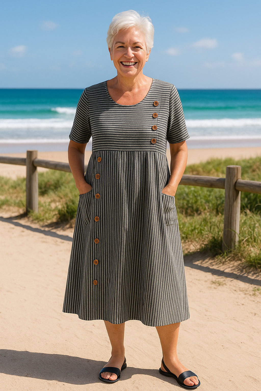 Brenna – Robe midi fluide et flatteuse rayée