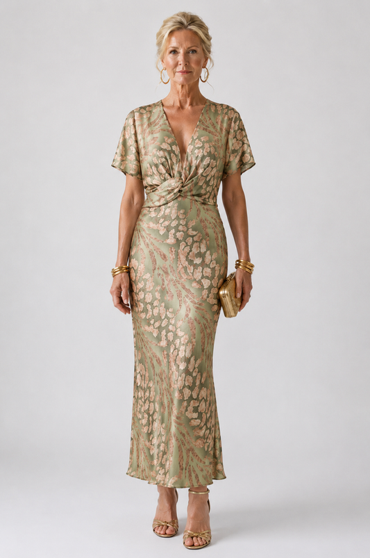 Élodie | Robe midi imprimé abstrait à col V et taille torsadée