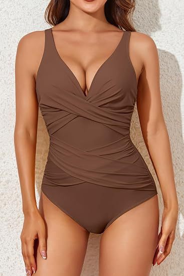 Maillot de Bain Femme Sculptant – Décolleté en V Drapé, Effet Amincissant