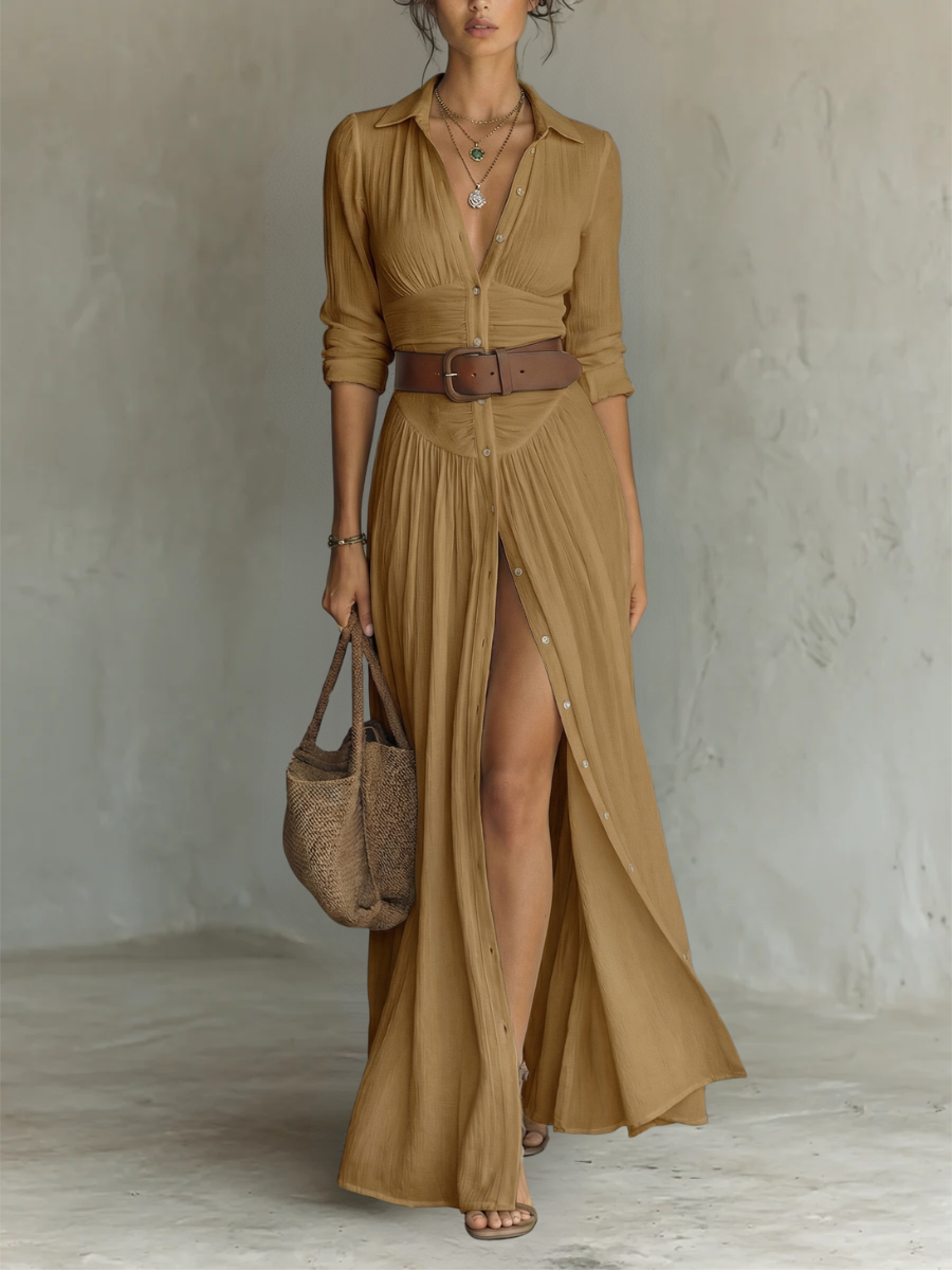 Robe Maxi Longue à Col Revers et Manches Longues