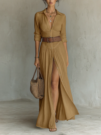Robe Maxi Longue à Col Revers et Manches Longues