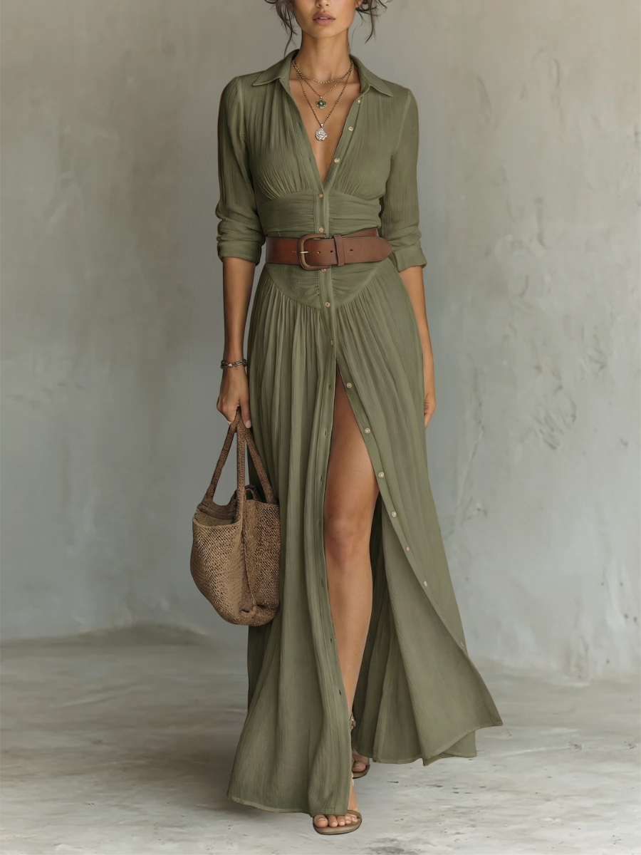 Robe Maxi Longue à Col Revers et Manches Longues