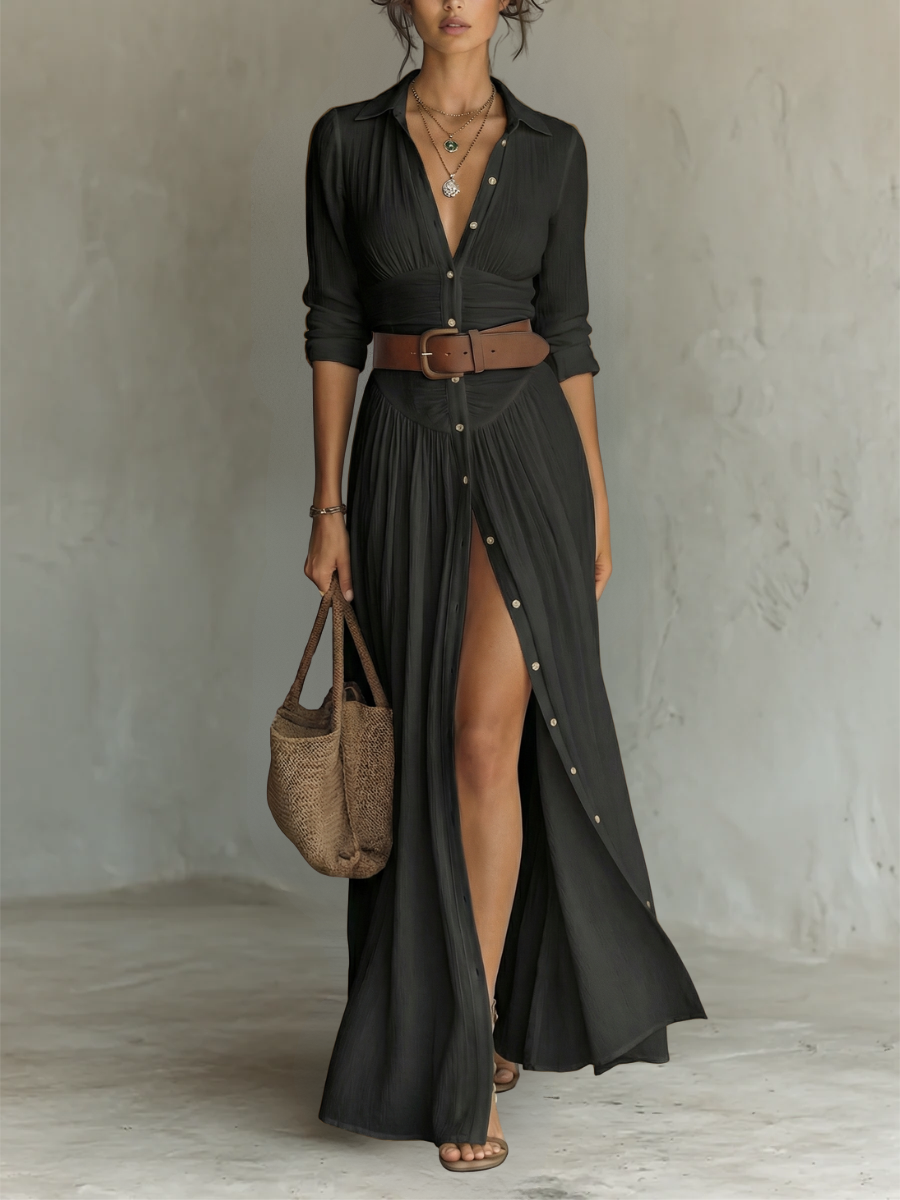 Robe Maxi Longue à Col Revers et Manches Longues