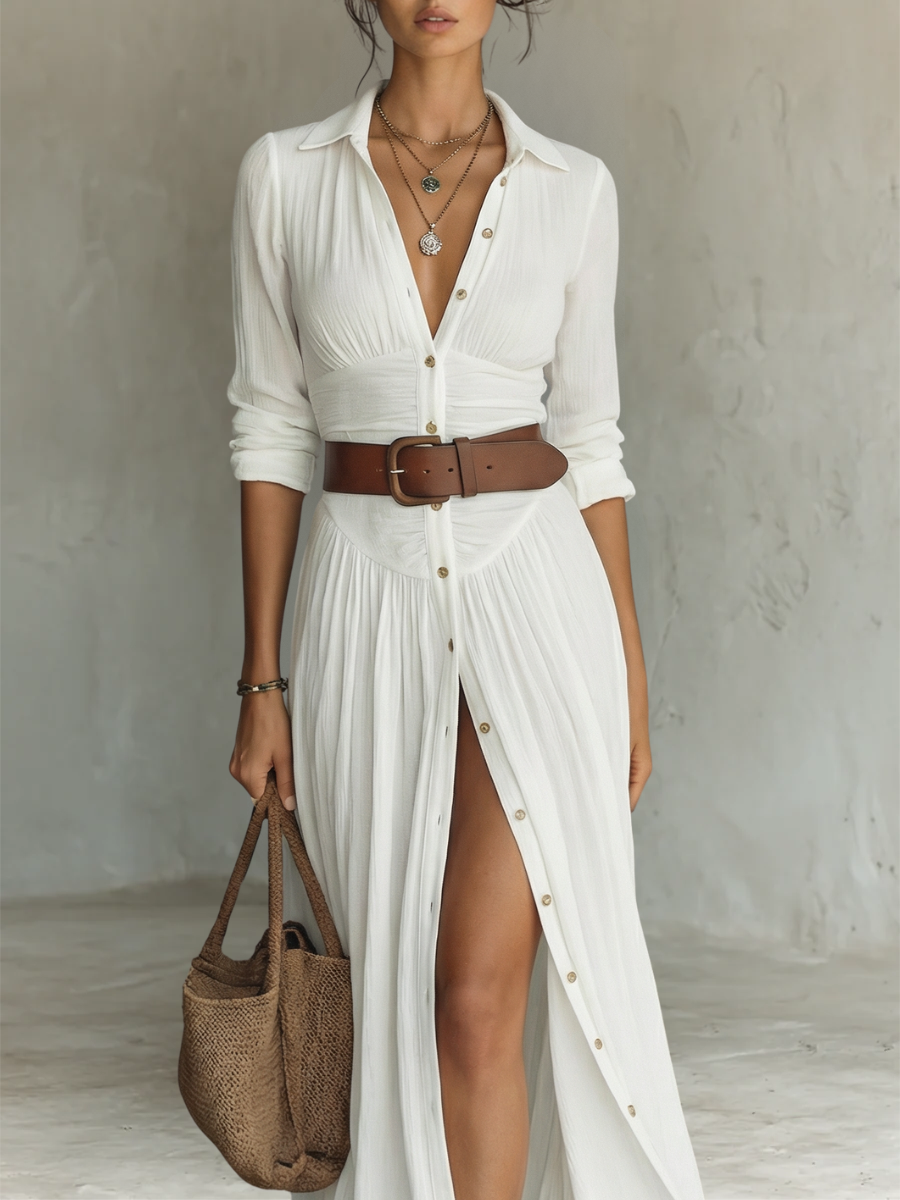 Robe Maxi Longue à Col Revers et Manches Longues