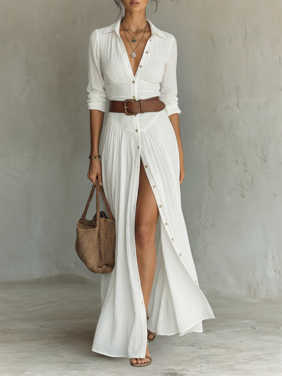 Robe Maxi Longue à Col Revers et Manches Longues