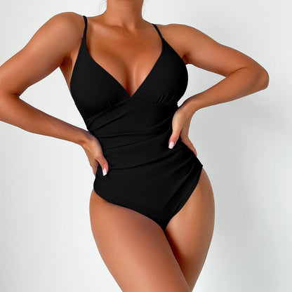 Maillot de Bain Entier Sculptant avec Décolleté en V et Fines Bretelles