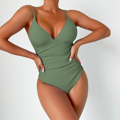 Maillot de Bain Entier Sculptant avec Décolleté en V et Fines Bretelles