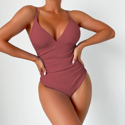 Maillot de Bain Entier Sculptant avec Décolleté en V et Fines Bretelles