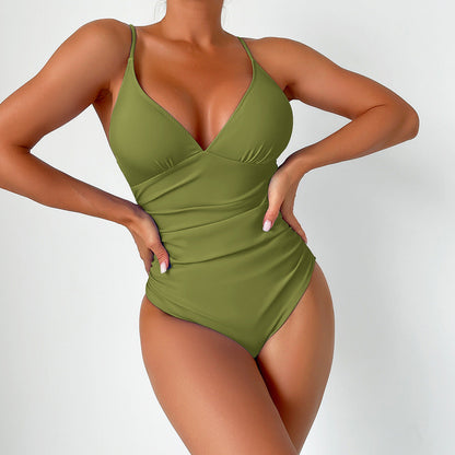 Maillot de Bain Entier Sculptant avec Décolleté en V et Fines Bretelles