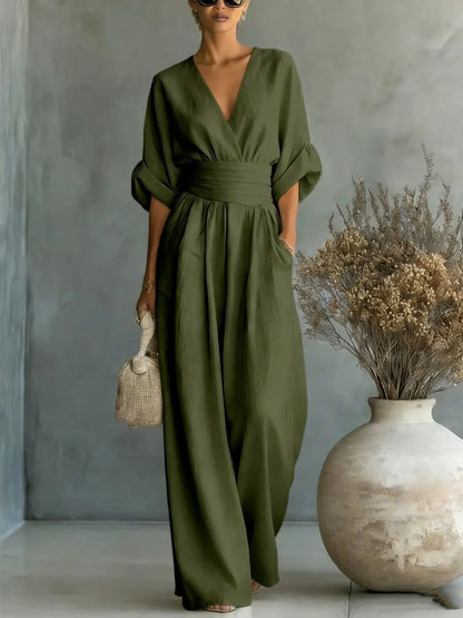 Robe Élégante en V, Dos Nu et Manches Fluides