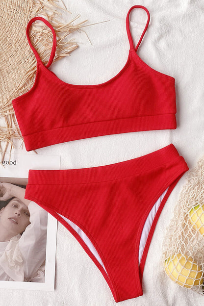 Bikini à Côtes avec Top à Bande et Culotte Taille Haute