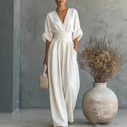 Robe Élégante en V, Dos Nu et Manches Fluides