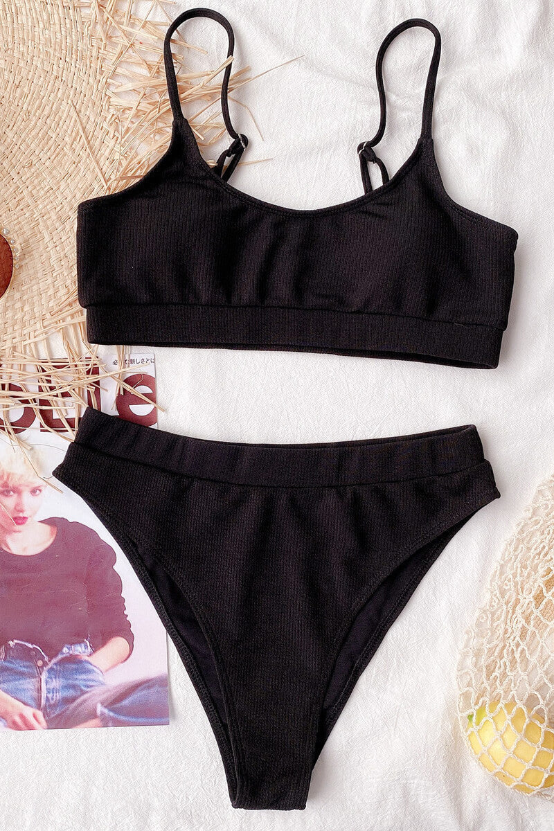 Bikini à Côtes avec Top à Bande et Culotte Taille Haute