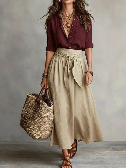 Ensemble Chic à Deux Pièces : Blouse Noire et Jupe Midi